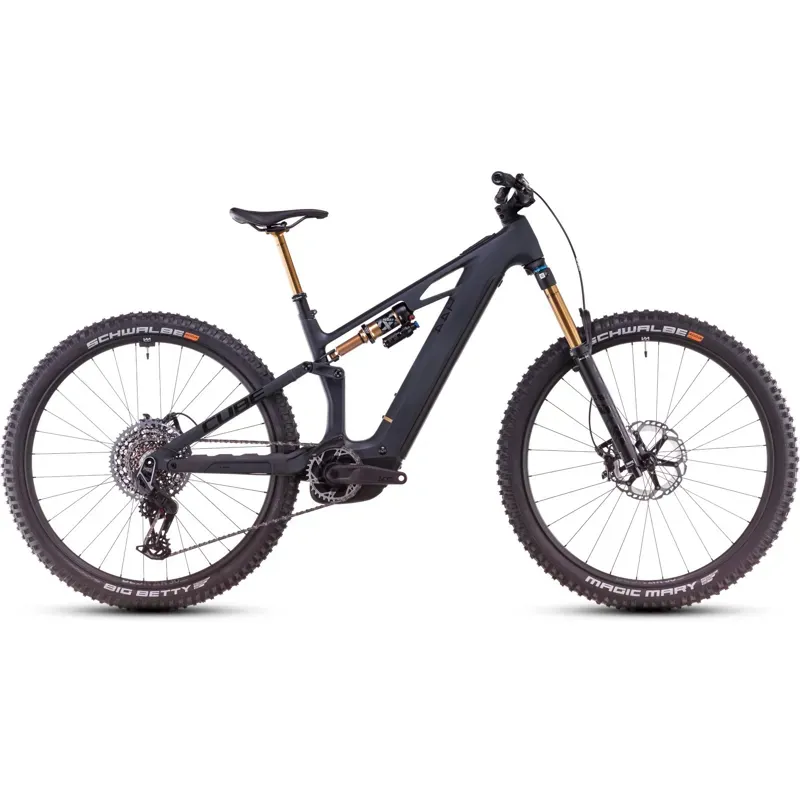 2025 Cube Stereo Hybrid One44 HPC AT eMountain Bike in Carbon/Gold