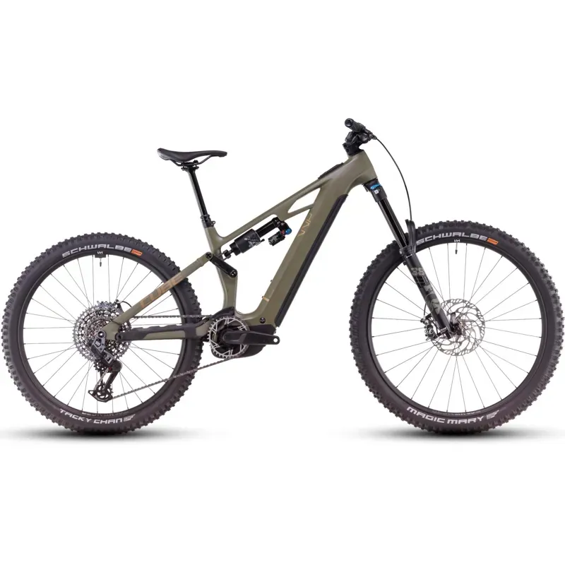 2025 Cube Stereo Hybrid One77 HPC TM eMountain Bike in Dusty Olive/Gold